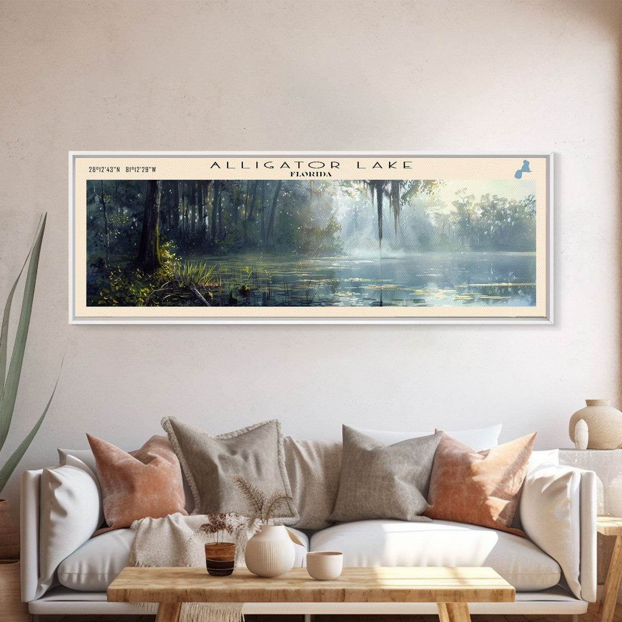 Alligator Lake Florida Panoramic Framed Canvas Print, Lake House Decor, Tropical Landscape, Travel Poster, Wall Art, Scenic Painting