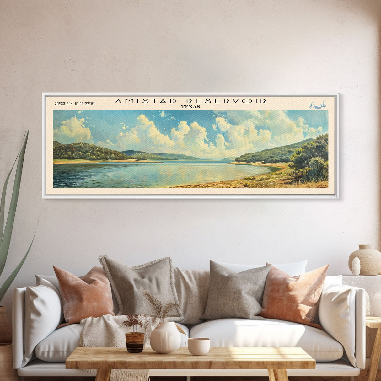 Amistad Reservoir Texas Panoramic Framed Canvas Print, Lake House Decor, Modern Art, Travel Poster, Scenic View, Water Reflection