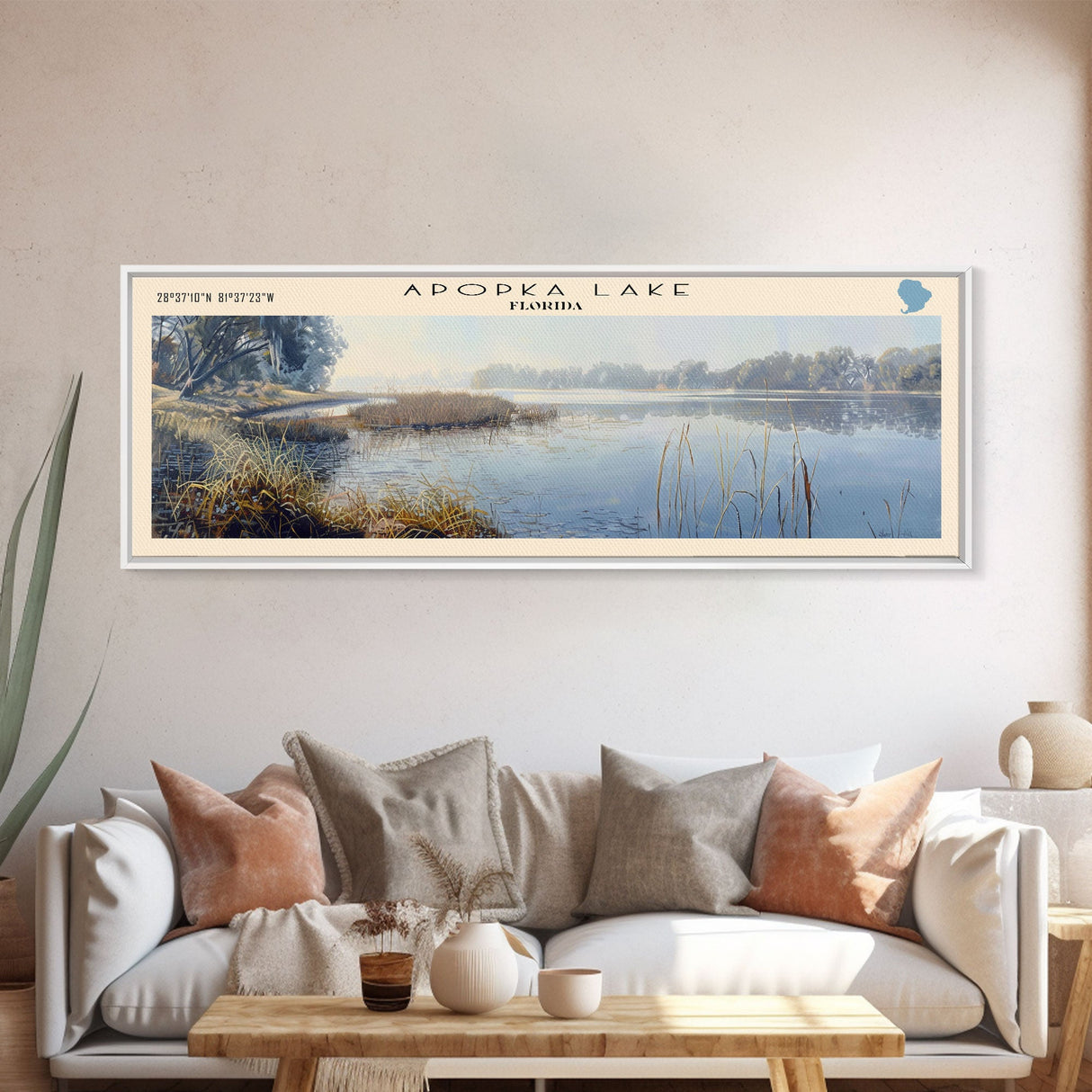 Apopka Lake Panoramic Framed Canvas Print, Lake House Art, Vintage Style, Travel Poster, Nature Scene, Scenic Artwork