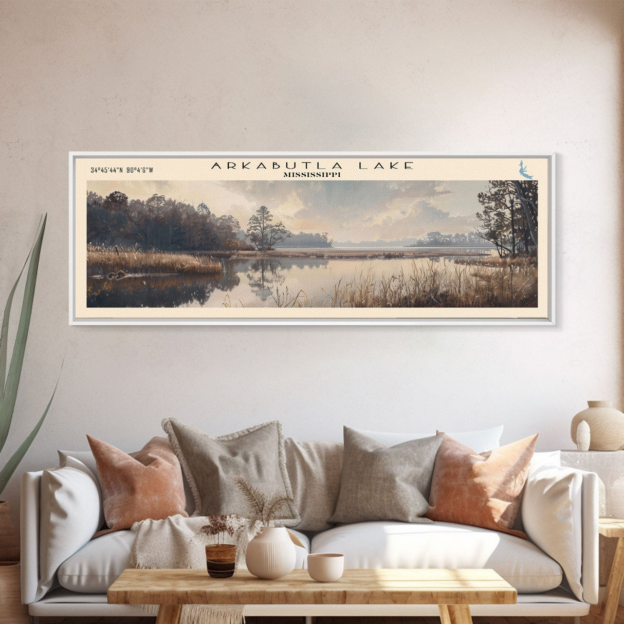 Arkabutla Lake Mississippi Panoramic Framed Canvas Print, Lake House Decor, Rustic Art, Travel Poster, Scenic View, Nature Wall Art