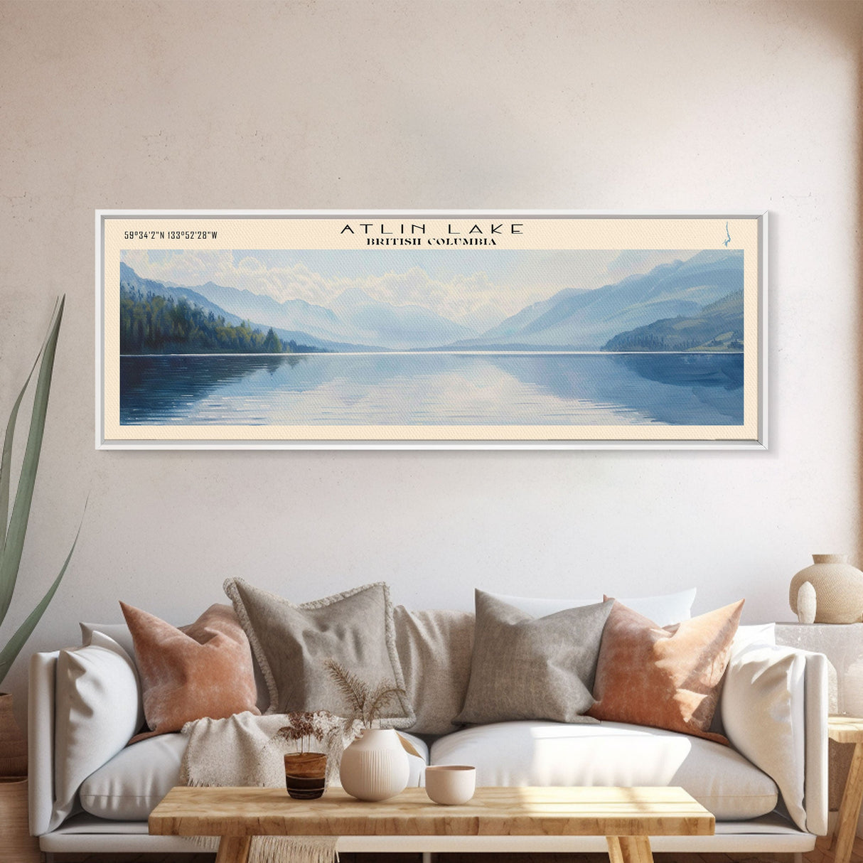 Atlin Lake Panoramic Framed Canvas Print, Lake House Decor, Minimalist Art, Travel Poster, Scenic View, Nature Wall Art