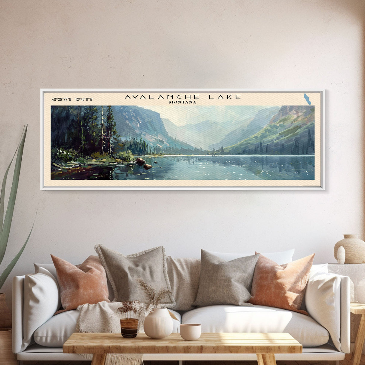 Avalanche Lake Montana Panoramic Framed Canvas Print, Lake House Art, Boho Decor, Travel Poster, Nature Wall Art, Serene Scene