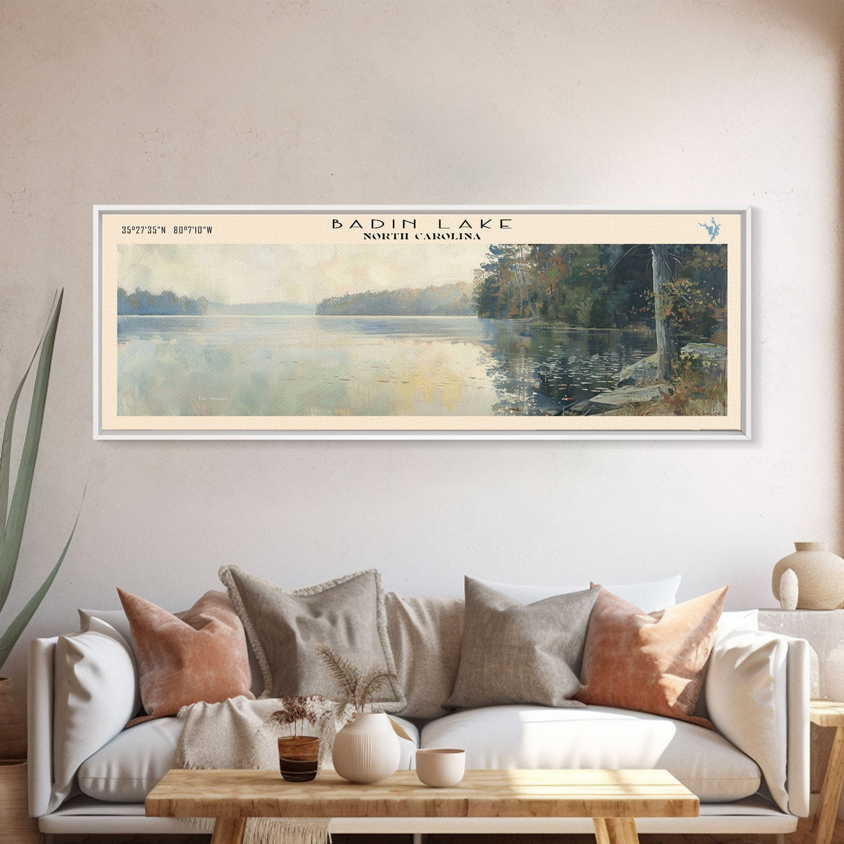 Badin Lake North Carolina Panoramic Framed Canvas Print, Lake House Art, Modern Decor, Travel Poster, Scenic View, Home Decoration