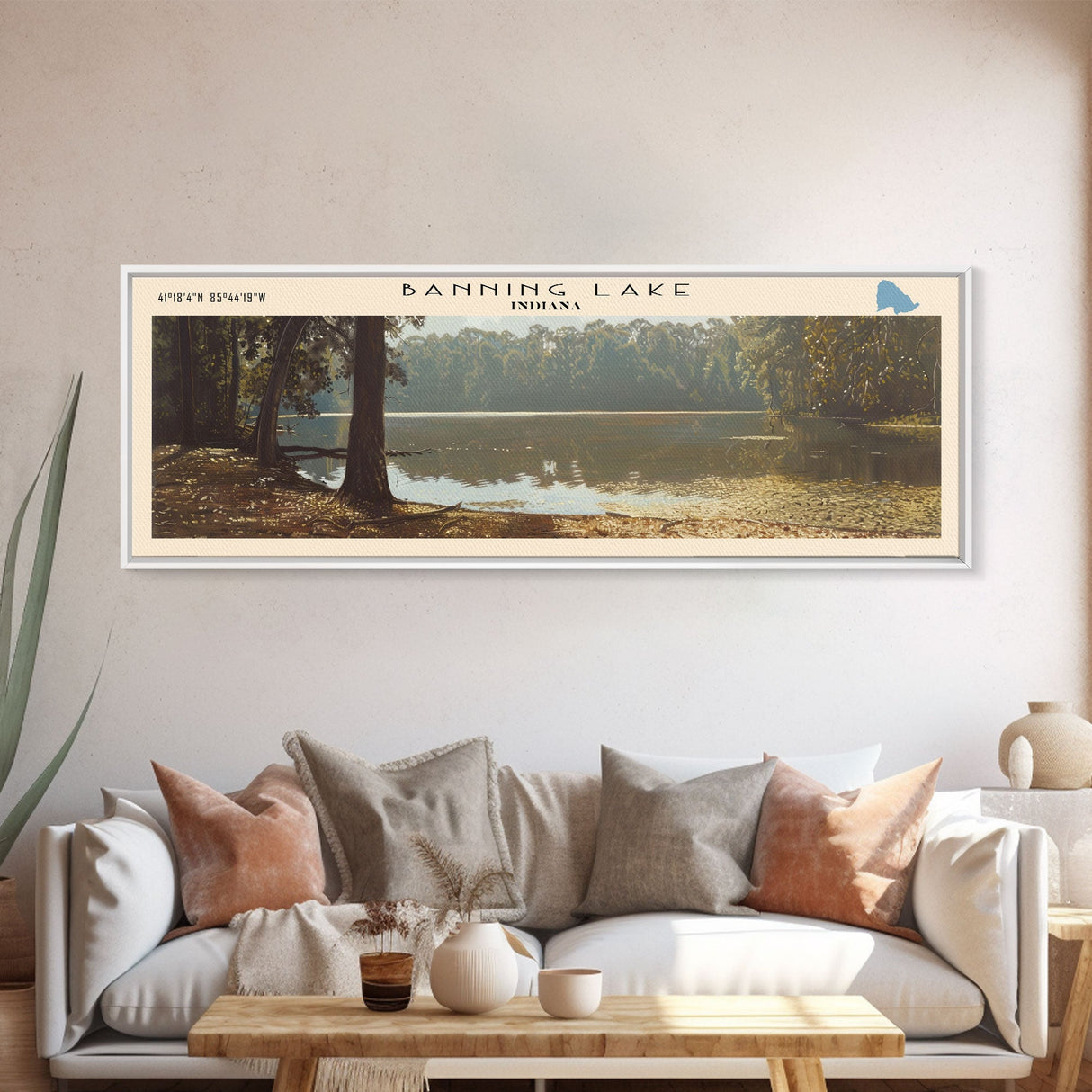 Banning Lake Indiana Framed Canvas Print, Lake House Decor, Panoramic Scenic Painting, Travel Poster, Rustic Art, Nature Wall Art