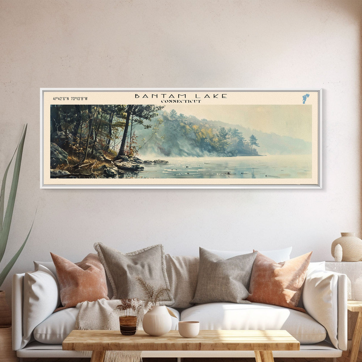 Bantam Lake Connecticut Lake House Art, Framed Canvas Print, Panoramic Travel Poster, Scenic View, Modern Decor, Water Reflection