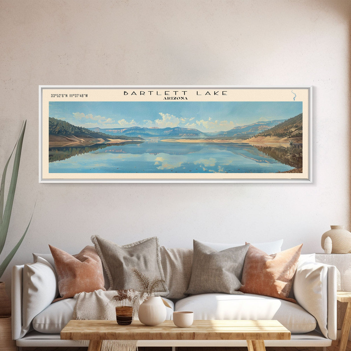 Bartlett Lake Arizona Framed Canvas Print, Panoramic Lake House Art, Scenic Painting, Travel Poster, Minimalist Wall Art, Home Decor