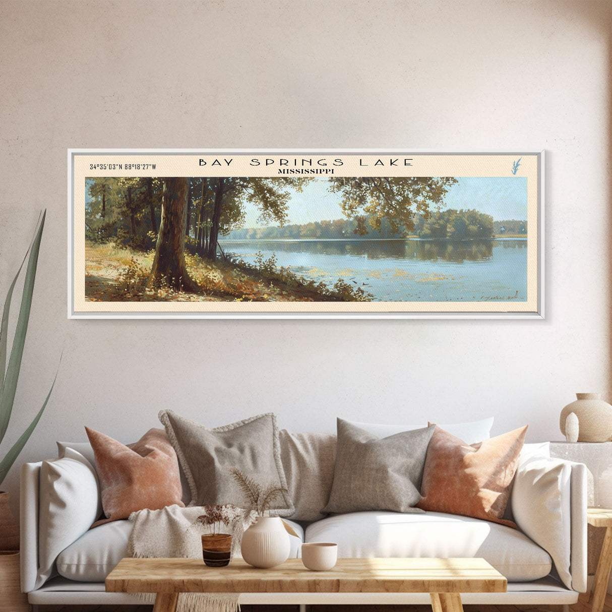 Bay Springs Lake Mississippi Framed Canvas Print, Panoramic Lake House Art, Scenic Painting, Travel Poster, Modern Decor, Nature Scene