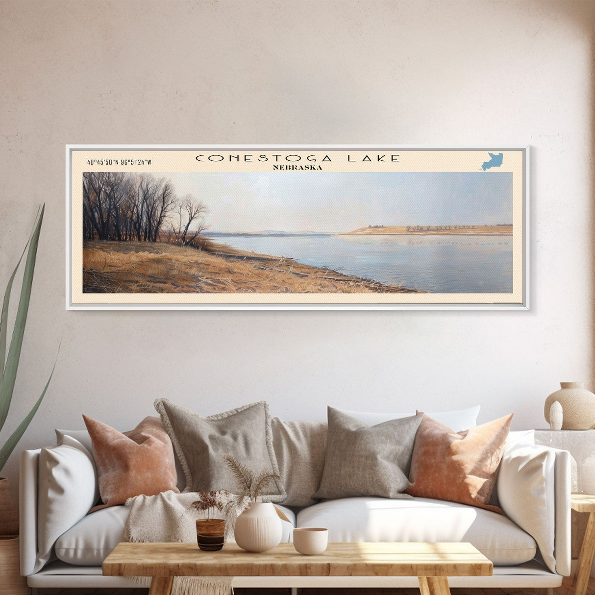 Conestoga Lake Nebraska Framed Canvas Print, Panoramic Lake House Decor, Wide Wall Art, Travel Poster, Modern Lake Painting, Nature Art