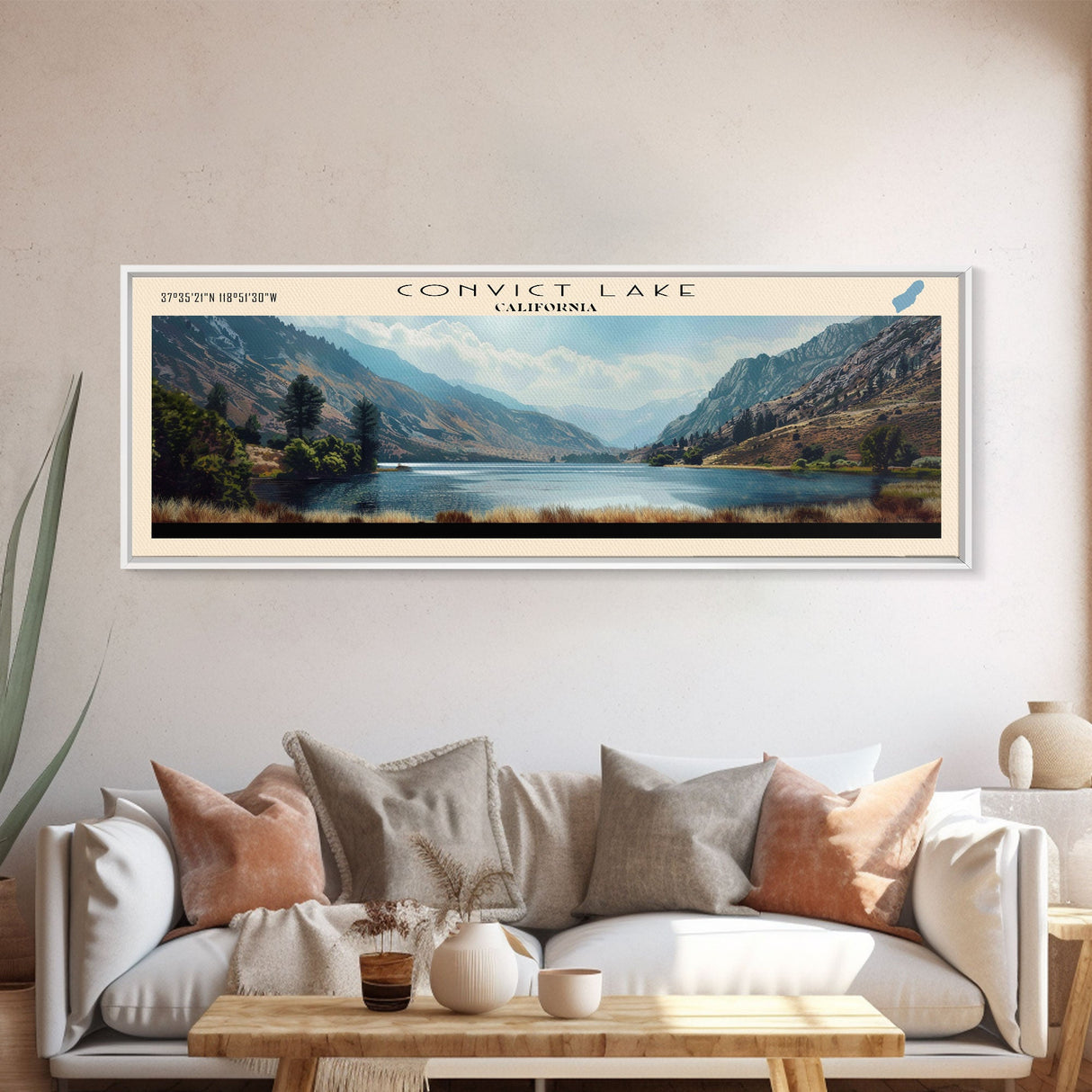 Convict Lake California Framed Canvas Print, Lake House Art, Panoramic Wide Art, Travel Poster, Modern Lake Painting, Nature Art