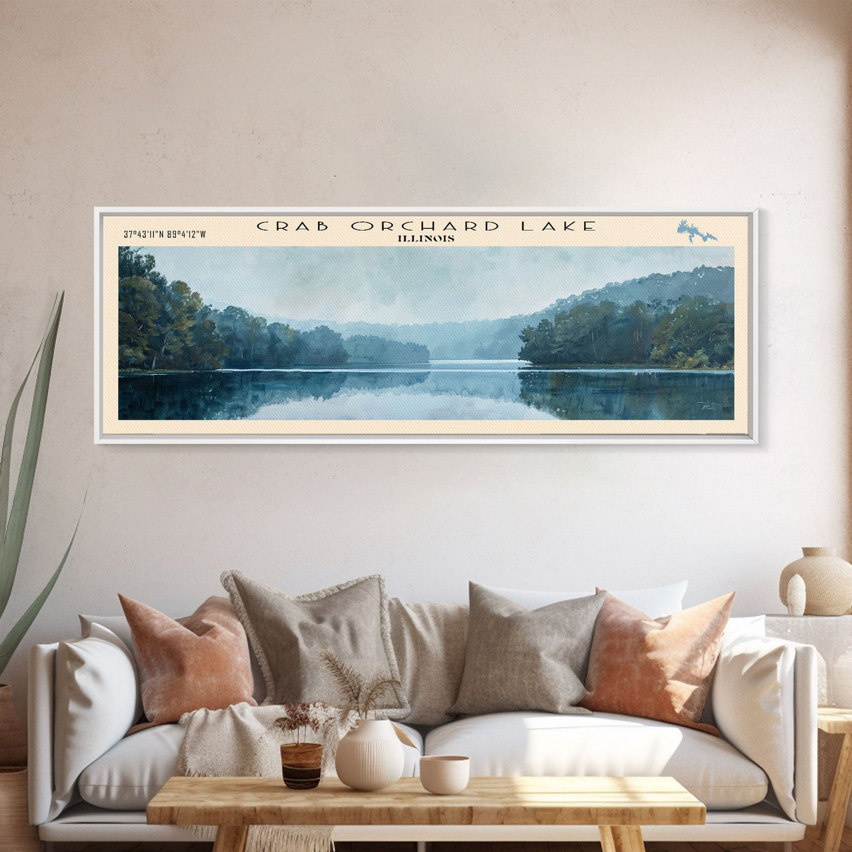 Crab Orchard Lake Illinois Framed Canvas Print, Lake House Art, Panoramic Wide Art, Travel Poster, Modern Lake Painting, Nature Art