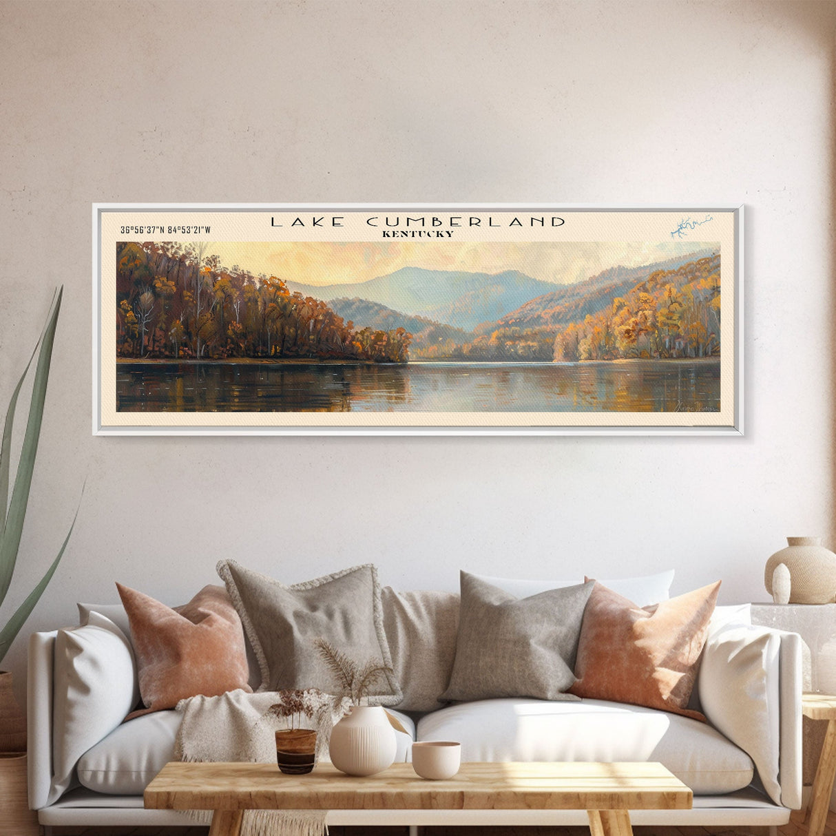 Cumberland Lake Framed Canvas Print, Lake House Art, Panoramic Wall Art, Travel Poster, Modern Lake Painting, Nature Art