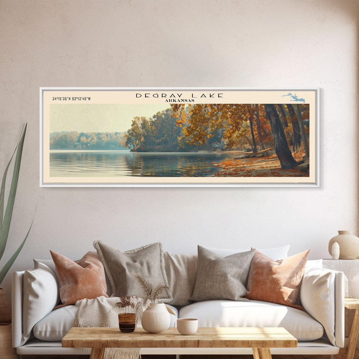 DeGray Lake Arkansas Framed Canvas Print, Lake House Decor, Panoramic Wall Art, Travel Poster, Modern Lake Painting, Nature Art