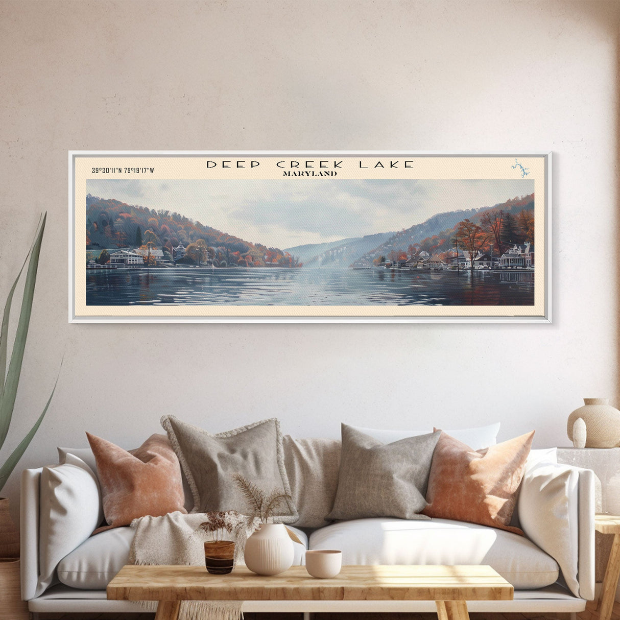 Deep Creek Lake Maryland Framed Canvas Print, Lake House Decor, Panoramic Wall Art, Travel Poster, Modern Lake Painting, Nature Art