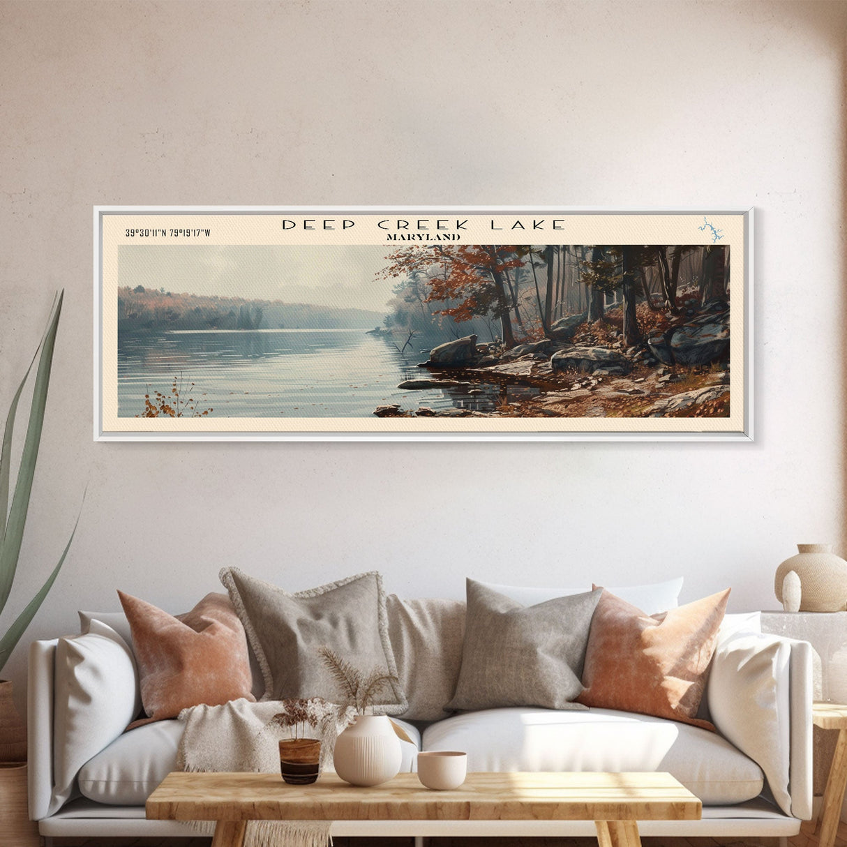 Deal Lake New Jersey Framed Canvas Print, Lake House Art, Panoramic Wall Art, Travel Poster, Rustic Lake Painting, Home Decor