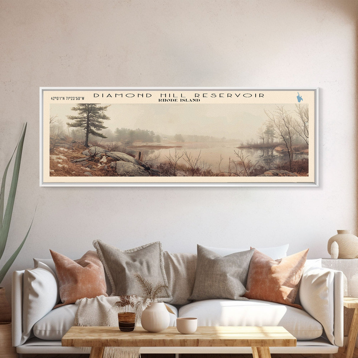 Diamond Hill Reservoir Rhode Island Framed Canvas Print, Panoramic Lake House Decor, Wall Art, Travel Poster, Rustic Lake Painting, Nature Art