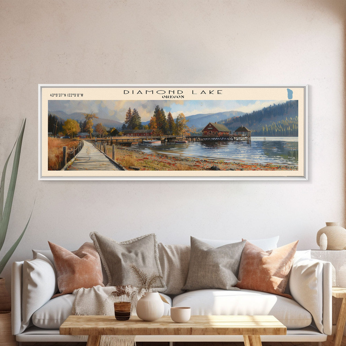 Diamond Lake Oregon Framed Canvas Print, Lake House Art, Panoramic Wall Art, Travel Poster, Modern Lake Painting, Home Decor