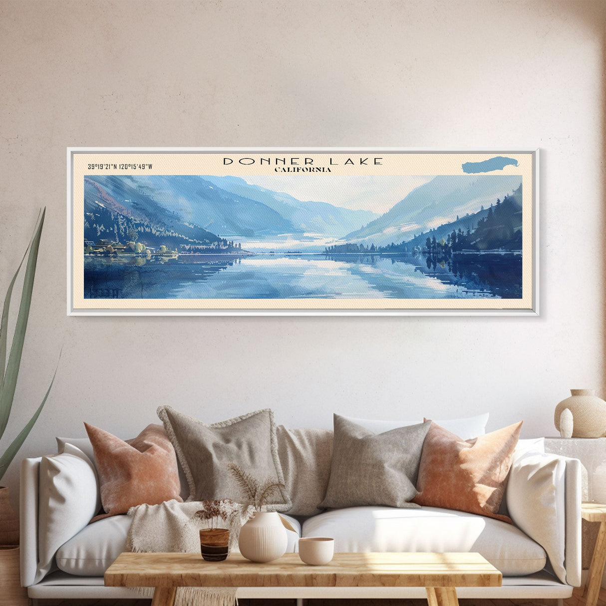 Donner Lake California Framed Canvas Print, Lake House Decor, Panoramic Wall Art, Travel Poster, Modern Lake Painting, Nature Art