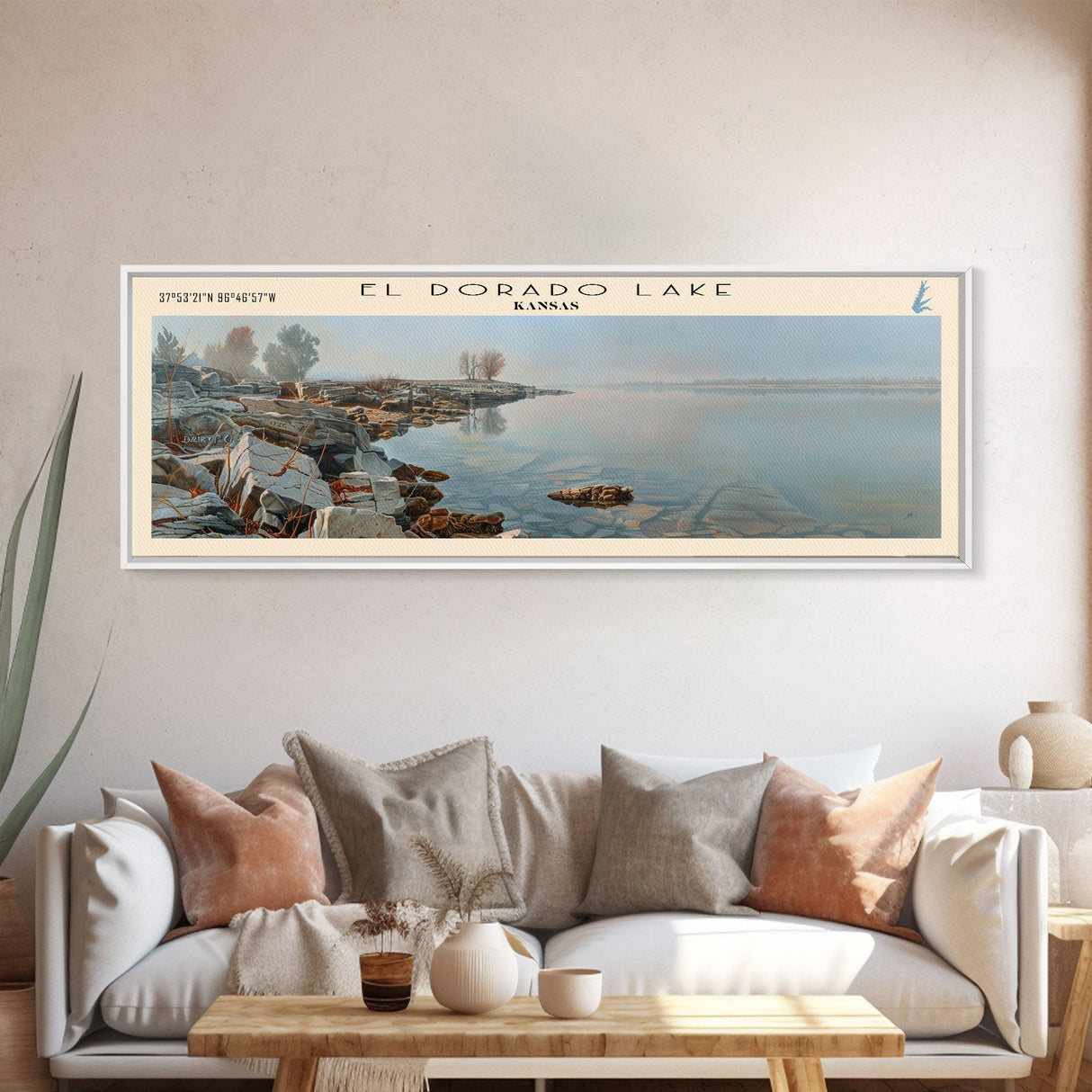 El Dorado Lake Kansas Framed Canvas Print, Lake House Decor, Panoramic Wall Art, Travel Poster, Rustic Lake Painting, Nature Art