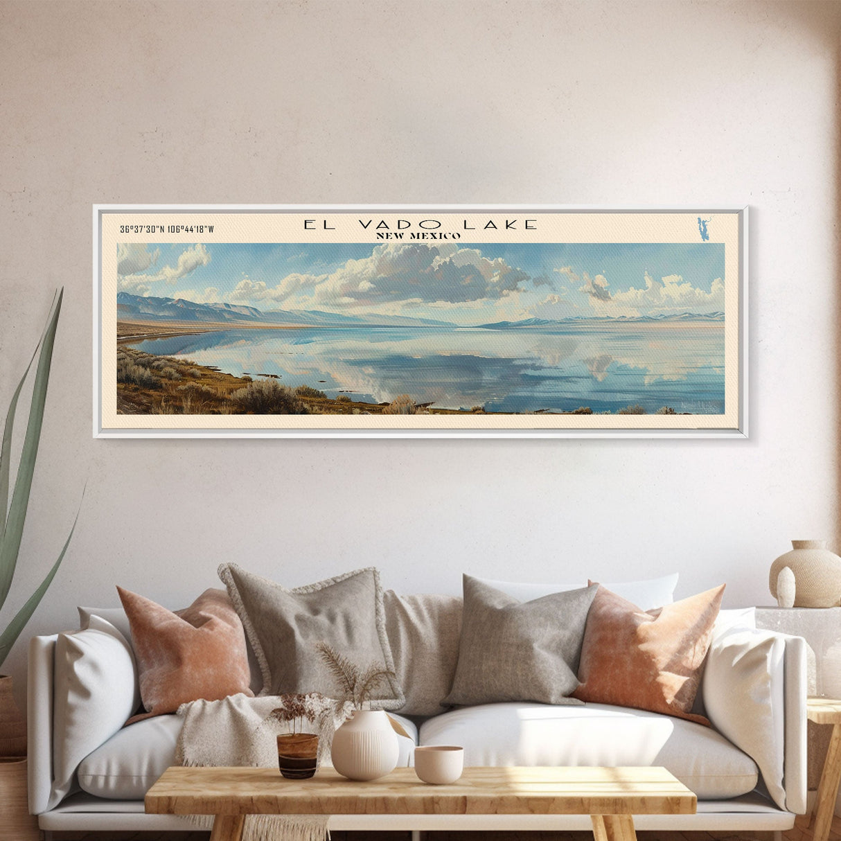 El Vado Lake New Mexico Framed Canvas Print, Lake House Art, Panoramic Travel Poster, Wall Art, Modern Lake Painting, Home Decor