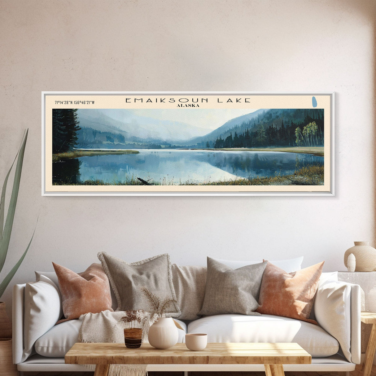 Emaiksoun Lake Framed Canvas Print, Lake House Art, Panoramic Wall Art, Travel Poster, Modern Lake Painting, Home Decor