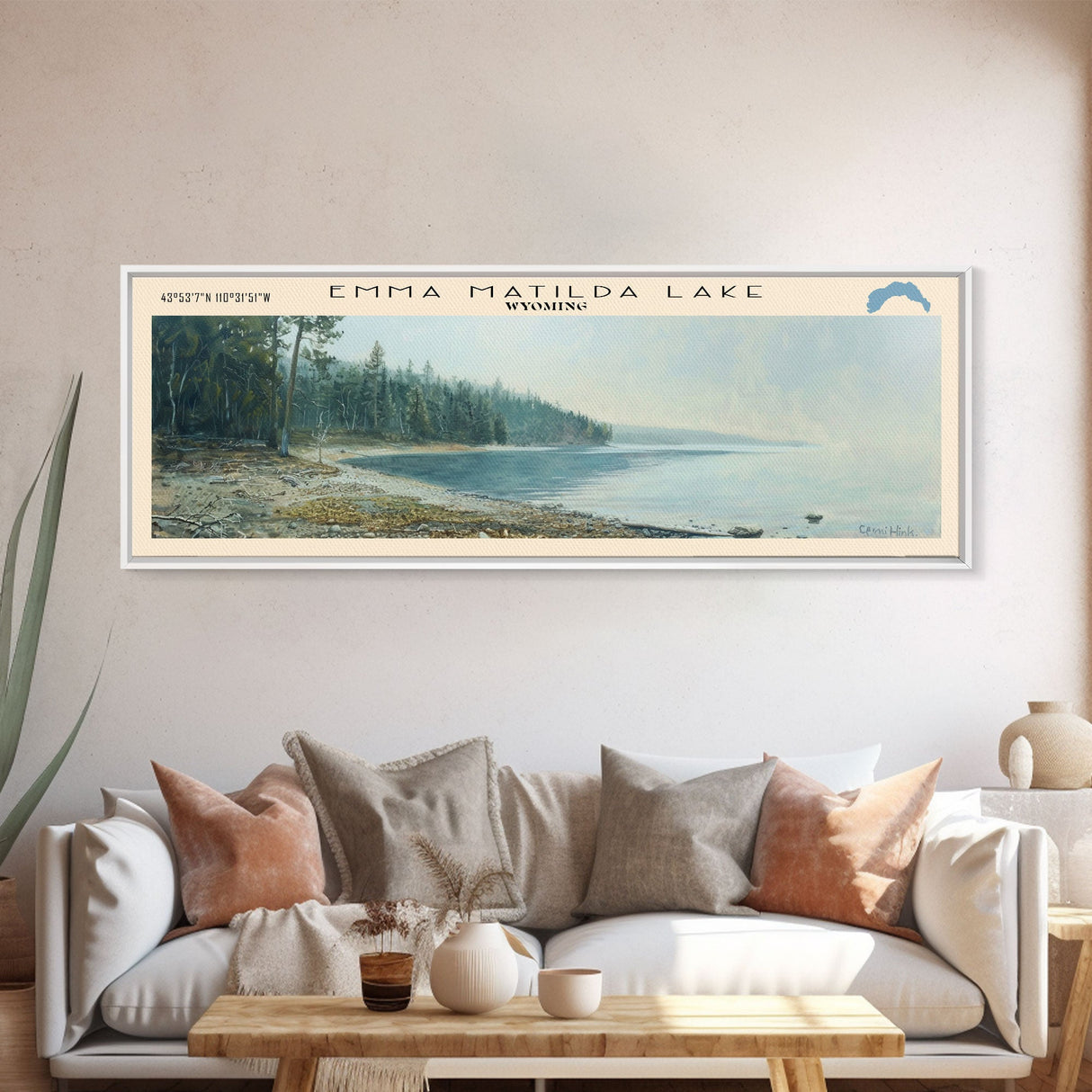 Emma Matilda Lake Wyoming Framed Canvas Print, Lake House Decor, Panoramic Wall Art, Travel Poster, Modern Lake Painting, Nature Art