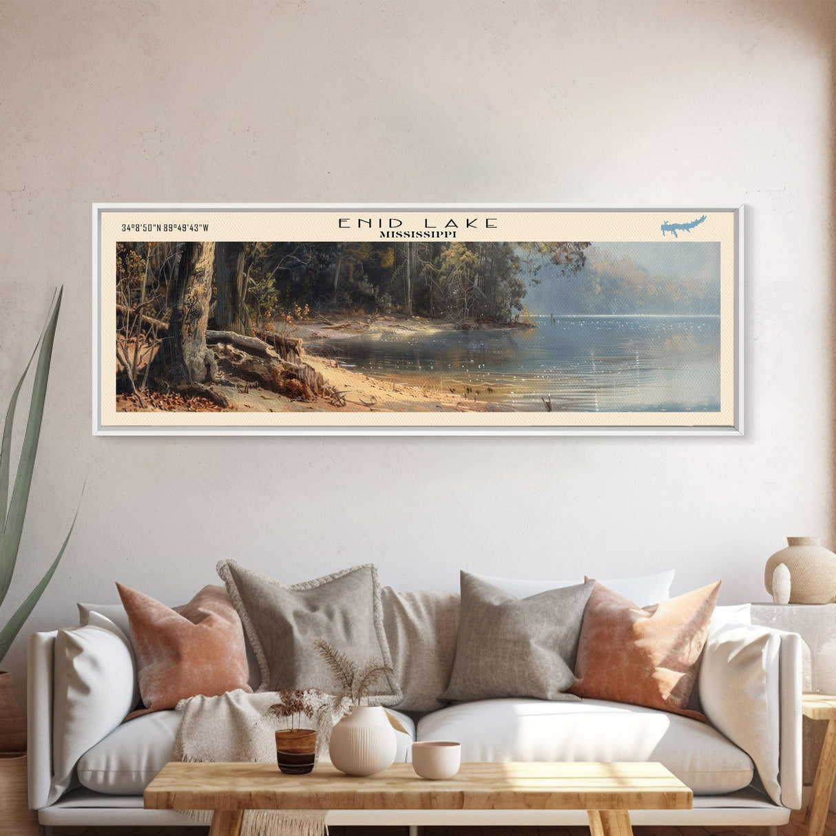 Enid Lake Mississippi Framed Canvas Print, Lake House Decor, Panoramic Wall Art, Travel Poster, Modern Lake Painting, Nature Art