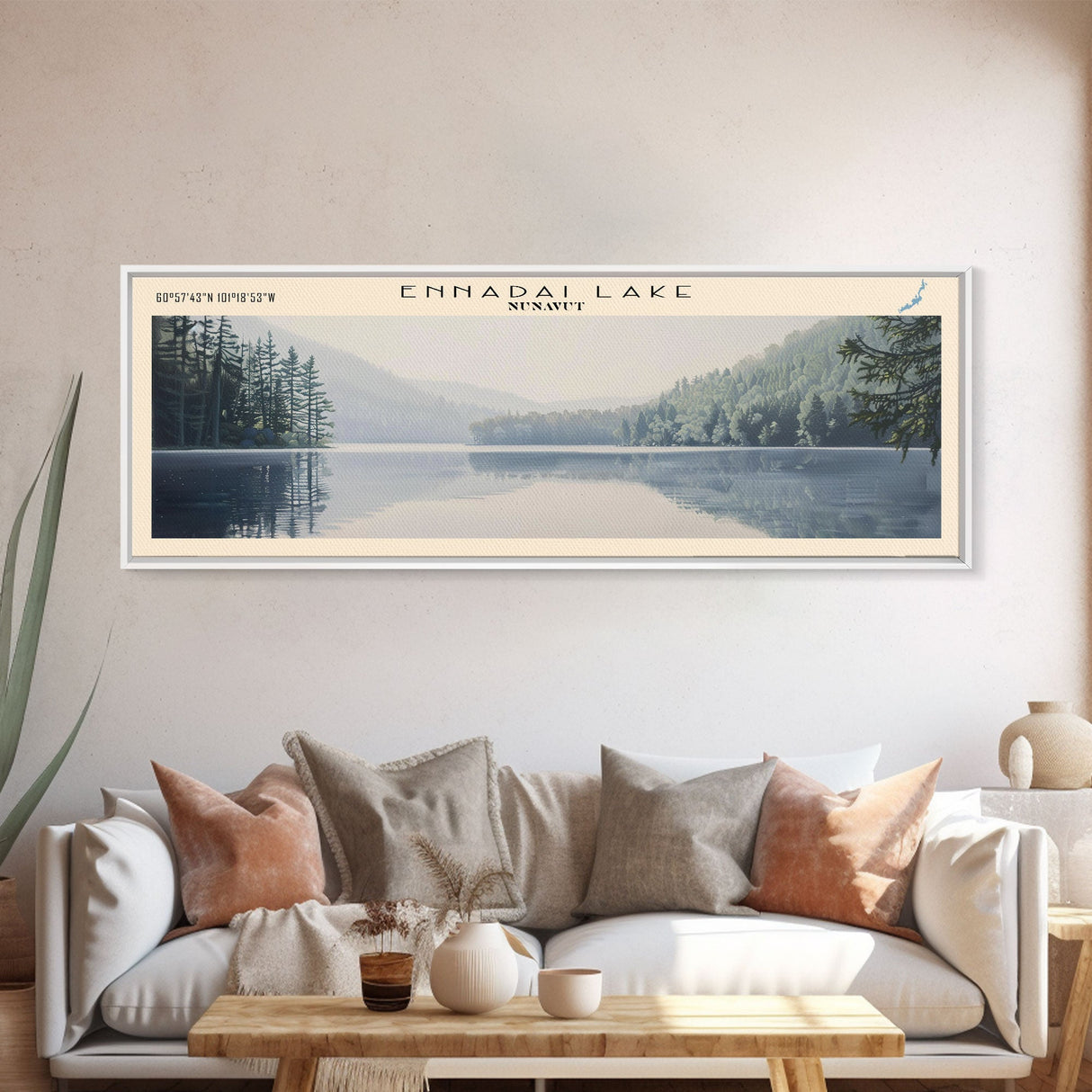 Ennadai Lake Framed Canvas Print, Lake House Decor, Panoramic Wall Art, Travel Poster, Rustic Lake Painting, Home Decor