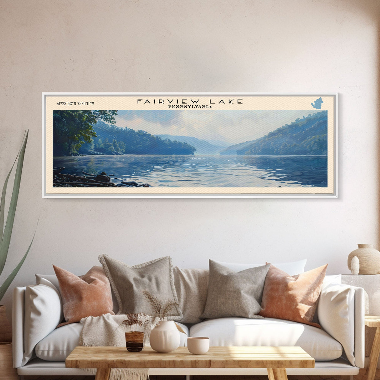 Fairview Lake Pennsylvania Framed Canvas Print, Lake House Decor, Panoramic Wall Art, Travel Poster, Rustic Lake Painting, Home Decor