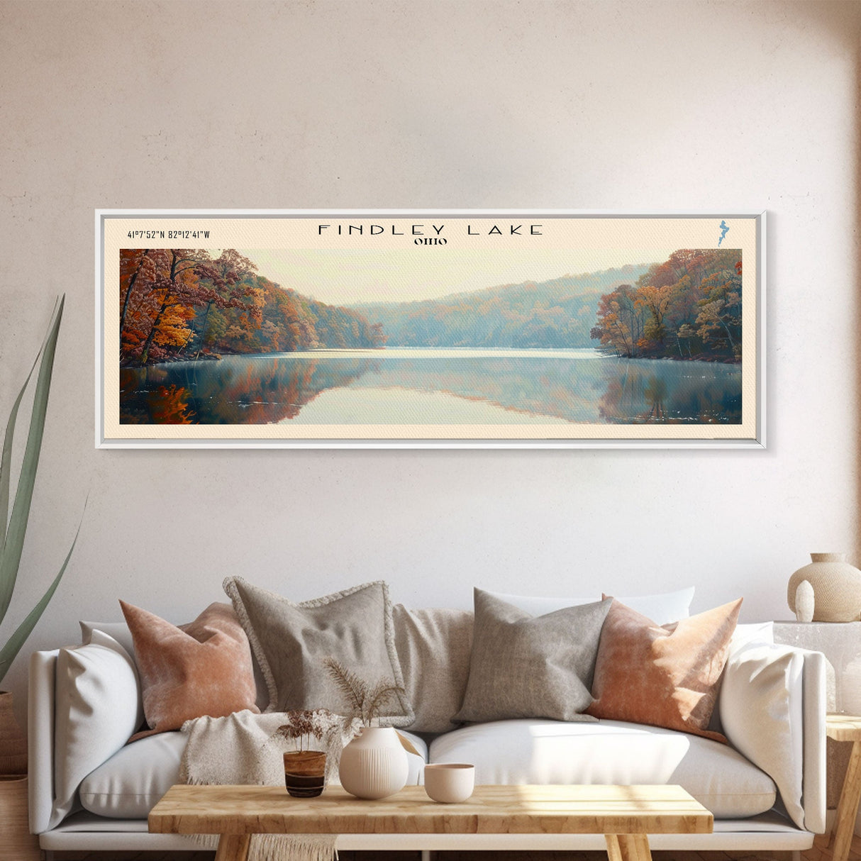 Findley Lake Ohio Framed Canvas Print, Lake House Art, Panoramic Travel Poster, Wall Art, Vibrant Lake Painting, Home Decor