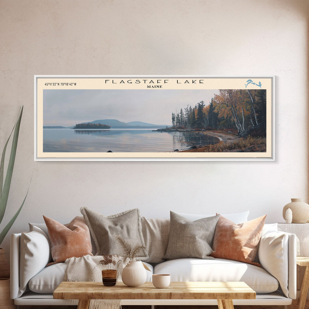 Flagstaff Lake Maine Framed Canvas Print, Panoramic Lake House Decor, Wall Art, Travel Poster, Peaceful Lake Painting, Nature Art