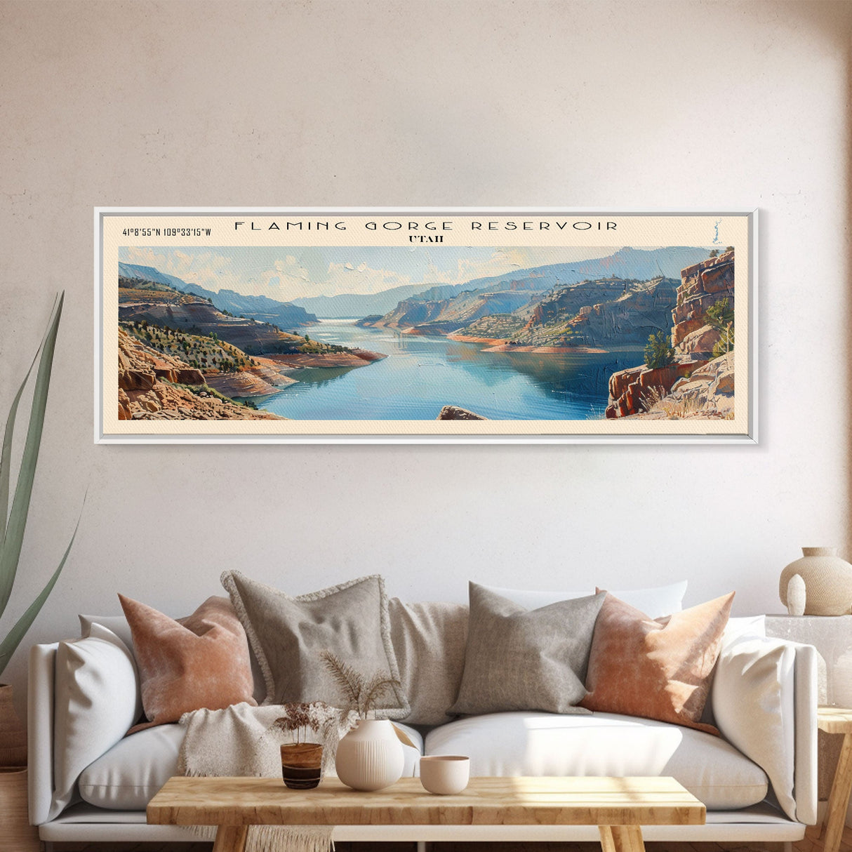 Flaming Gorge Reservoir Utah Framed Canvas Print, Lake House Art, Panoramic Wall Art, Travel Poster, Beautiful Lake Painting, Home Decor