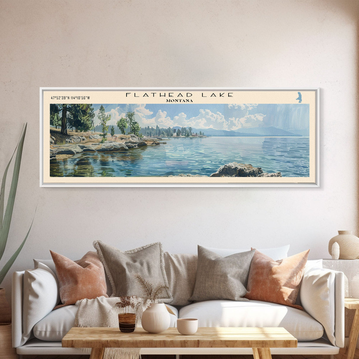 Flathead Lake Montana Framed Canvas Print, Lake House Art, Panoramic Wall Art, Travel Poster, Captivating Lake Painting, Home Decor