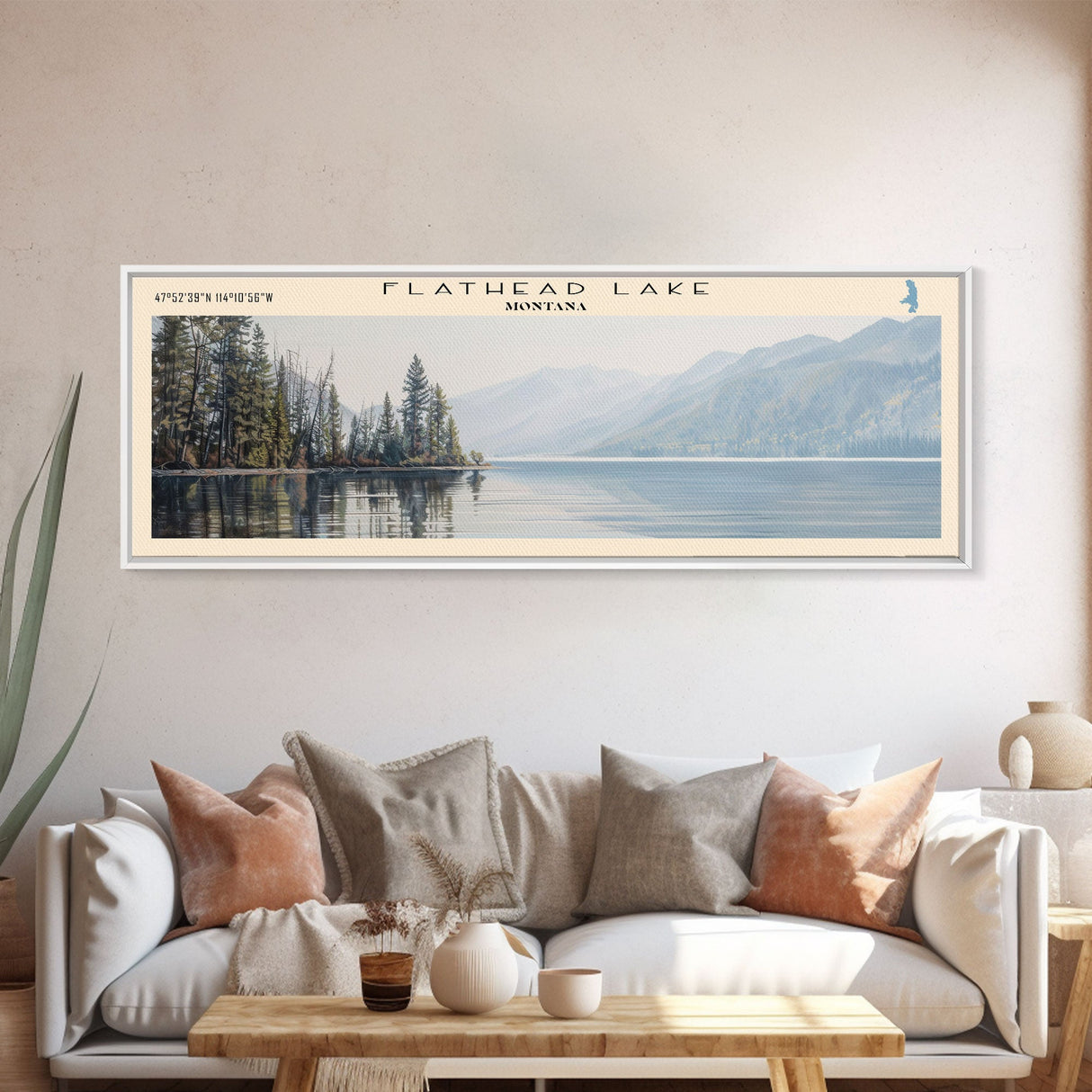 Flathead Lake Framed Canvas Print, Lake House Decor, Panoramic Wall Art, Travel Poster, Picturesque Lake Painting, Nature Art