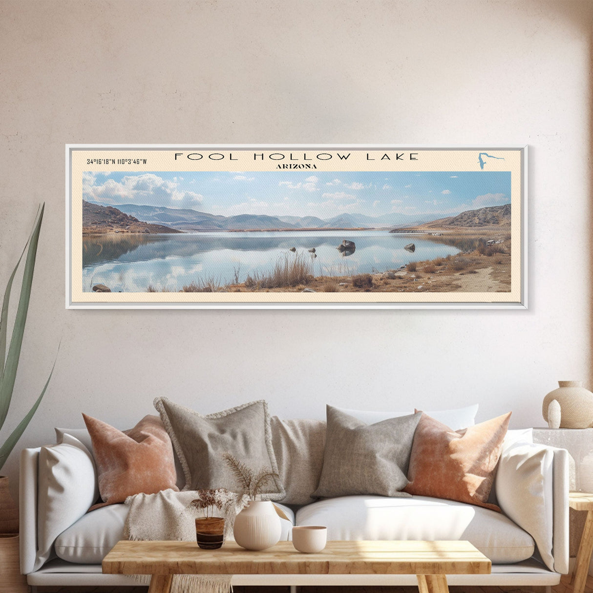 Fool Hollow Lake Arizona Framed Canvas Print, Panoramic Lake House Decor, Wall Art, Travel Poster, Majestic Lake Painting, Nature Art