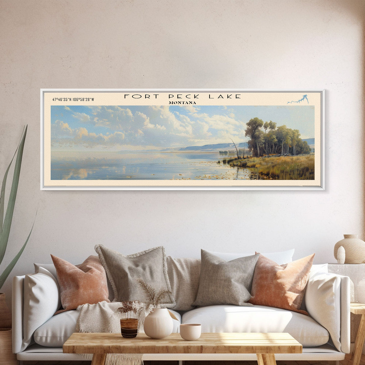 Fort Peck Lake Montana Framed Canvas Print, Lake House Art, Panoramic Wall Art, Travel Poster, Serene Lake Painting, Home Decor