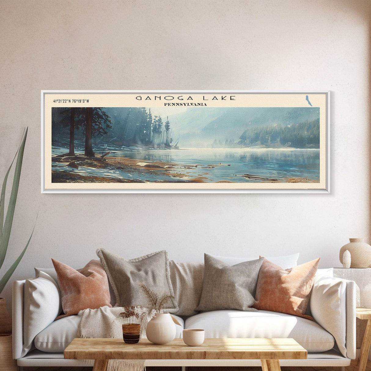 Ganoga Lake Pennsylvania Framed Canvas Print, Panoramic Lake House Decor, Wall Art, Travel Poster, Vibrant Lake Painting, Nature Art