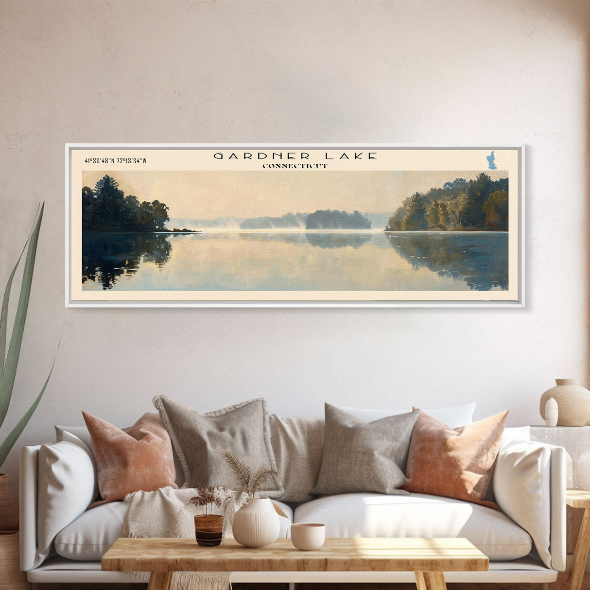 Gardner Lake Connecticut Framed Canvas Print, Lake House Art, Panoramic Wall Art, Travel Poster, Tranquil Lake Painting, Home Decor