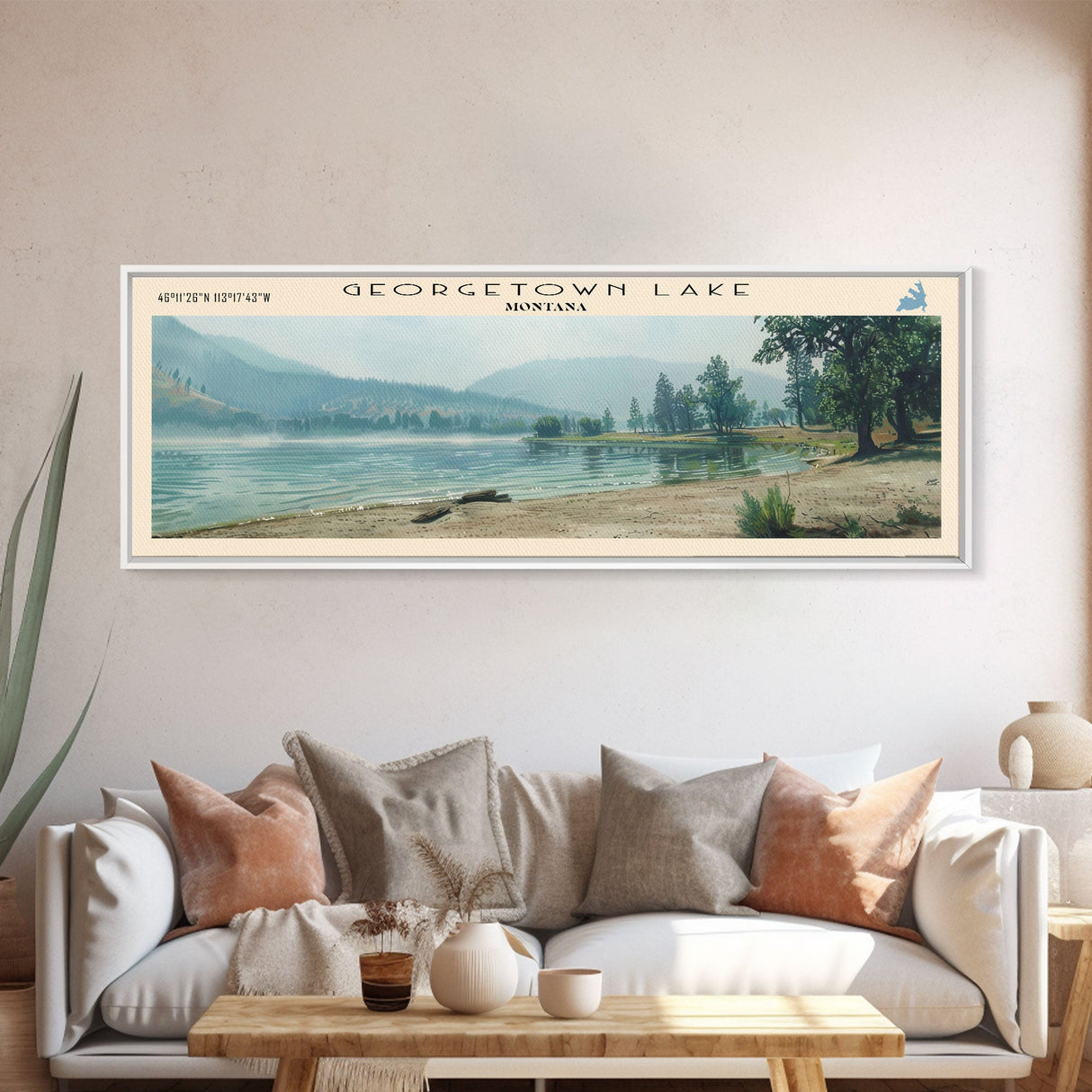 Georgetown Lake Montana Framed Canvas Print, Lake House Art, Panoramic Wall Art, Travel Poster, Scenic Lake Painting, Home Decor