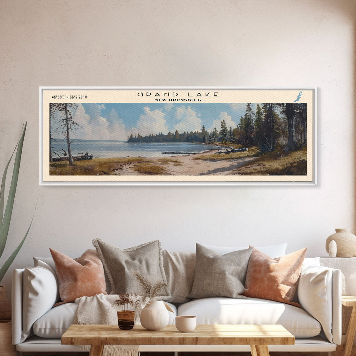 Grand Lake Canada New Brunswick Framed Canvas Print, Panoramic Lake House Decor, Wall Art, Travel Poster, Peaceful Lake Painting, Nature Art