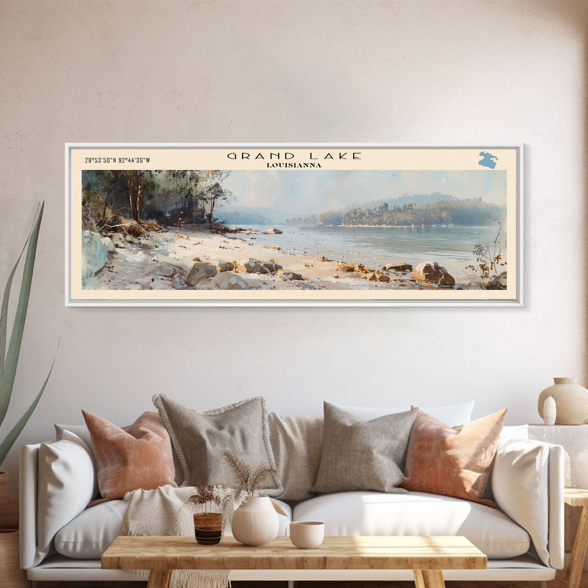 Grand Lake USA Louisiana Framed Canvas Print, Lake House Art, Panoramic Wall Art, Travel Poster, Beautiful Lake Painting, Home Decor