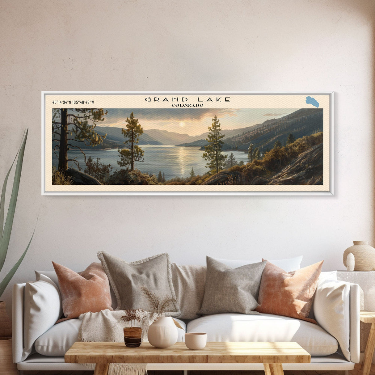 Grand Lake Colorado Framed Canvas Print, Panoramic Lake House Decor, Wall Art, Travel Poster, Stunning Lake Painting, Nature Art