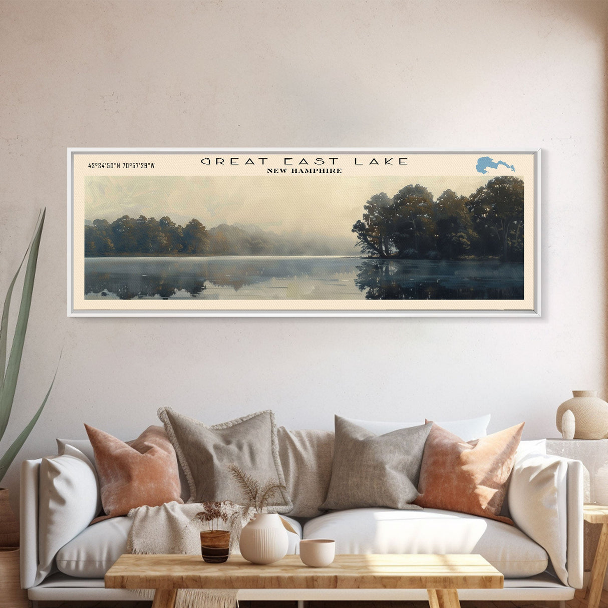 Great East Lake New Hampshire Framed Canvas Print, Panoramic Lake House Decor, Wall Art, Travel Poster, Majestic Lake Painting, Nature Art