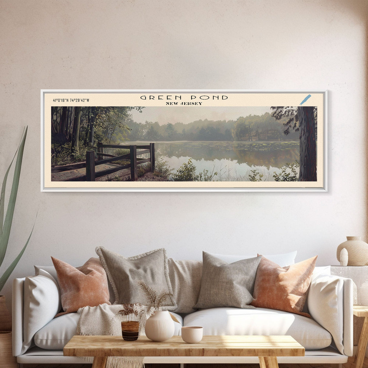 Green Pond New Jersey Framed Canvas Print, Panoramic Lake House Decor, Wall Art, Travel Poster, Tranquil Lake Painting, Nature Art