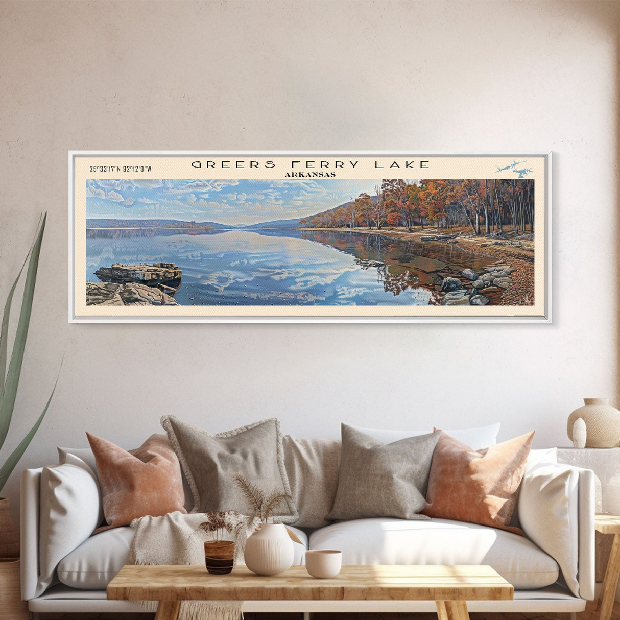 Greers Ferry Lake Arkansas Framed Canvas Print, Panoramic Lake House Decor, Wall Art, Travel Poster, Beautiful Lake Painting, Nature Art