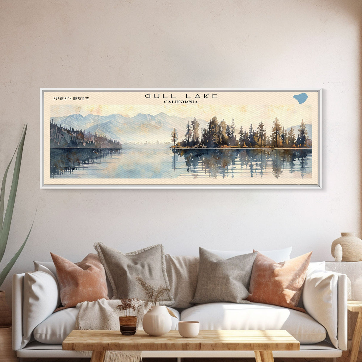 Gull Lake California Framed Canvas Print, Panoramic Lake House Decor, Wall Art, Travel Poster, Scenic Lake Painting, Nature Art