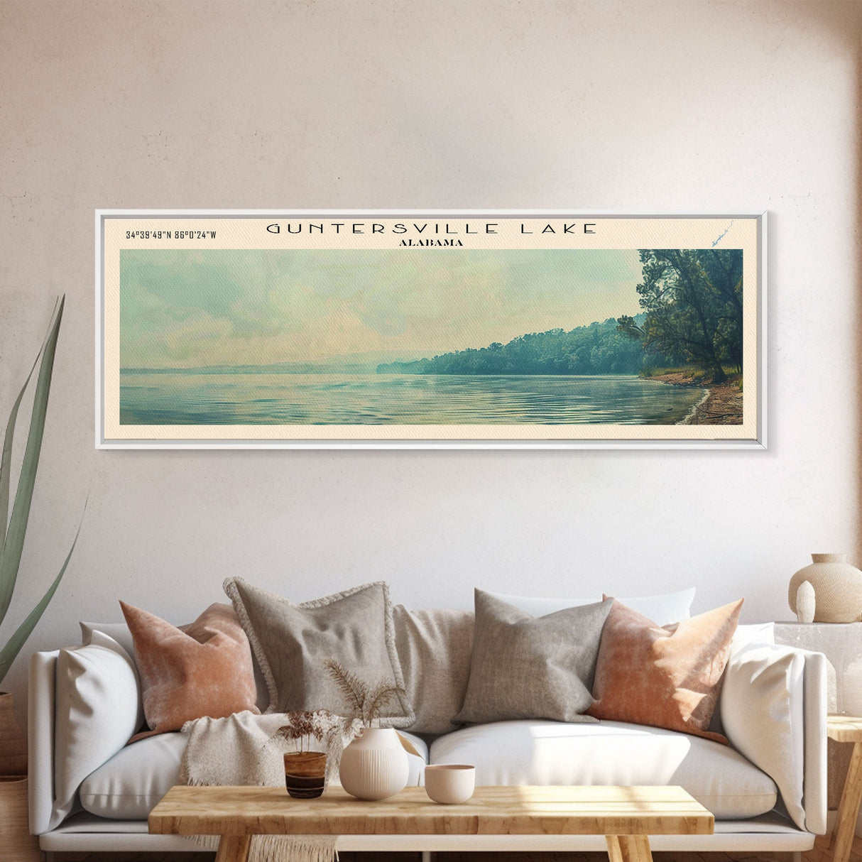 Guntersville Lake Alabama Framed Canvas Print, Panoramic Lake House Decor, Wall Art, Travel Poster, Peaceful Lake Painting, Nature Art