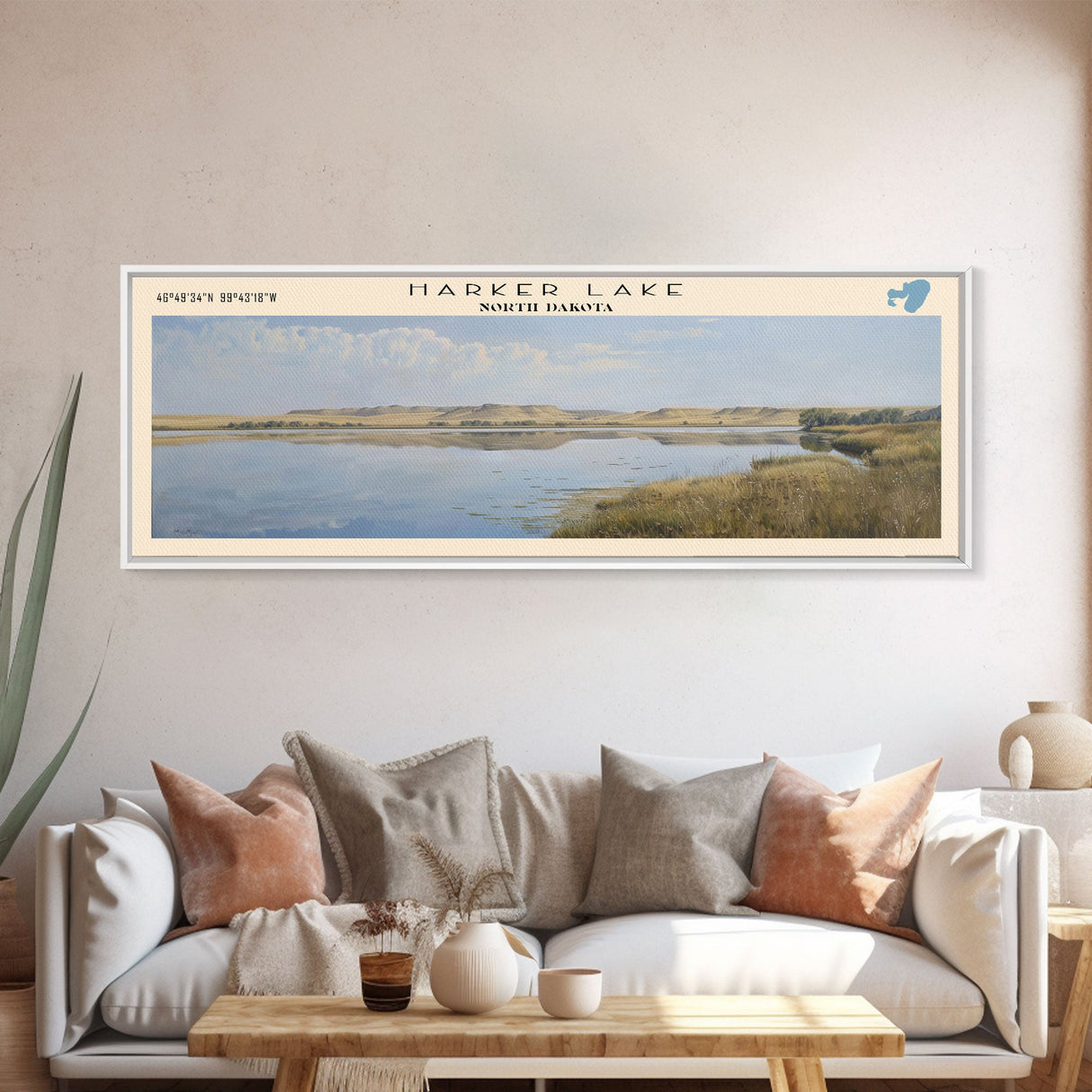 Harker Lake North Dakota Framed Canvas Print, Panoramic Lake House Decor, Wall Art, Travel Poster, Stunning Lake Painting, Nature Art