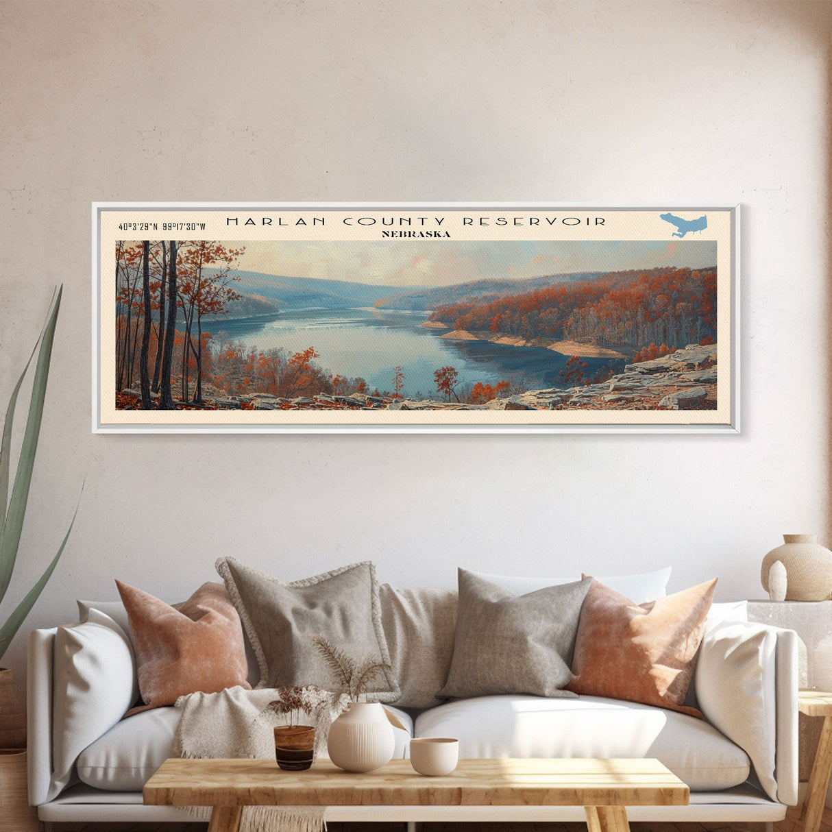 Harlan County Reservoir Nebraska Framed Canvas Print, Lake House Art, Panoramic Wall Art, Travel Poster, Scenic Lake Painting, Home Decor