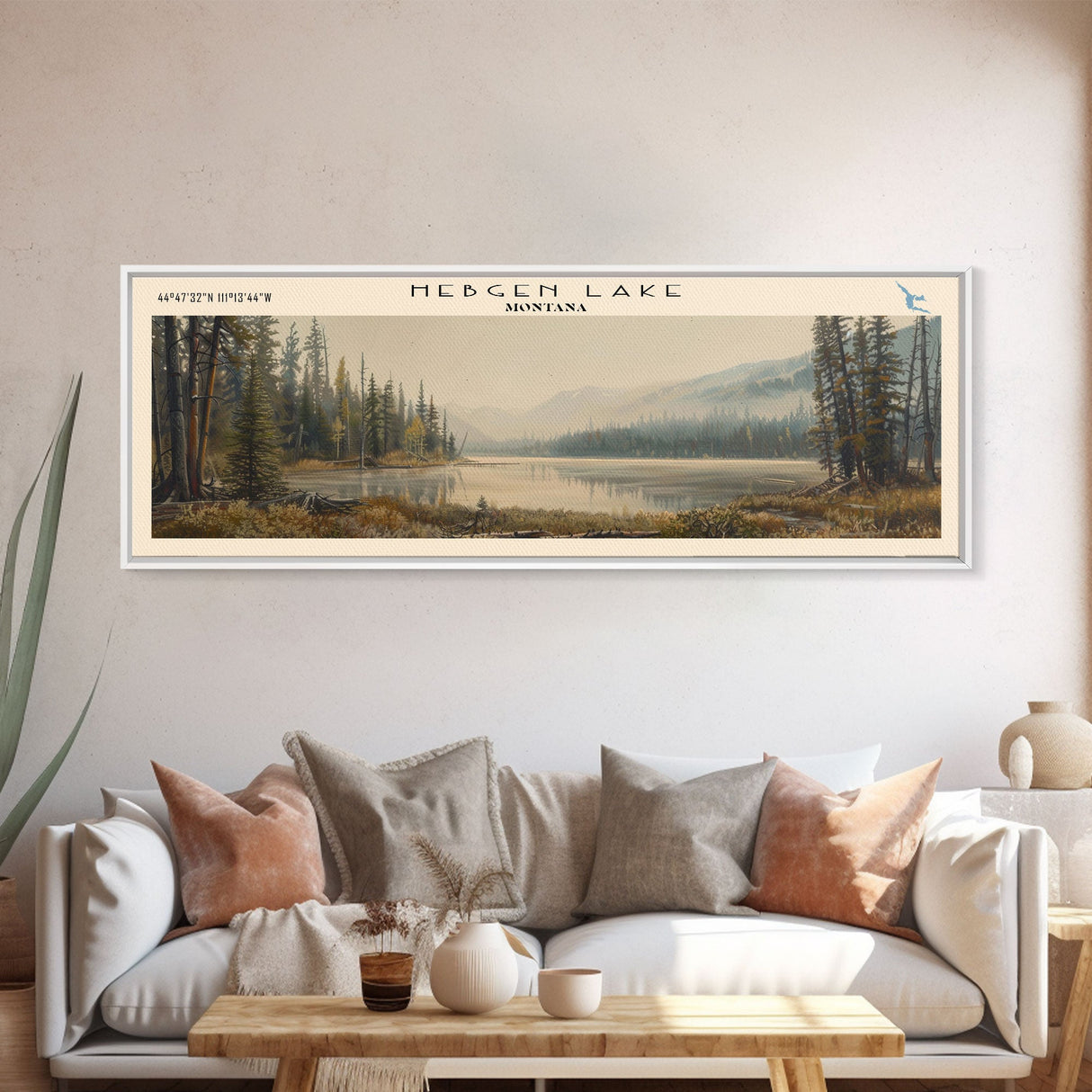 Hebgen Lake Montana Framed Canvas Print, Lake House Art, Panoramic Wall Art, Travel Poster, Beautiful Lake Painting, Home Decor