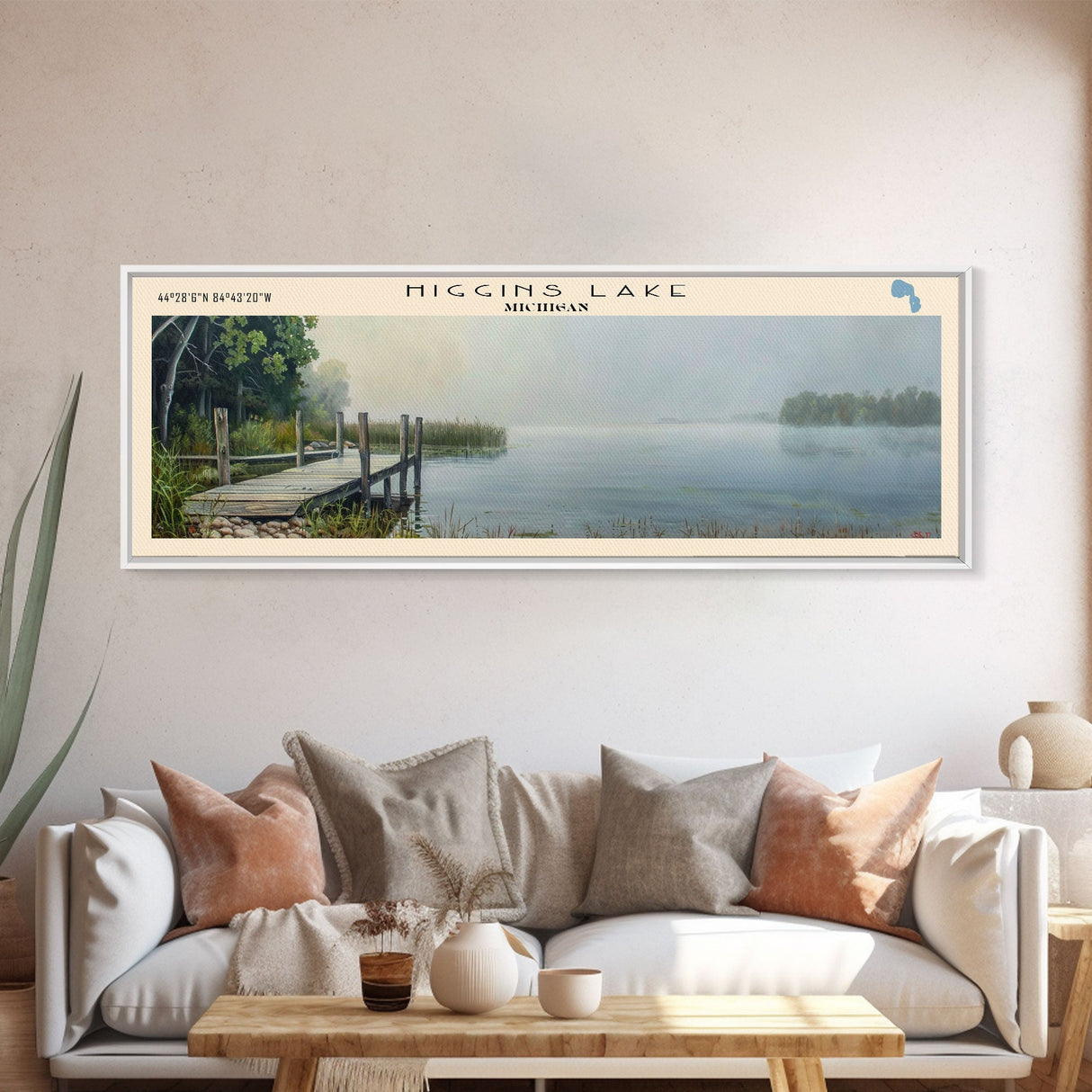 Higgins Lake Michigan Framed Canvas Print, Lake House Art, Panoramic Wall Art, Travel Poster, Serene Lake Painting, Home Decor